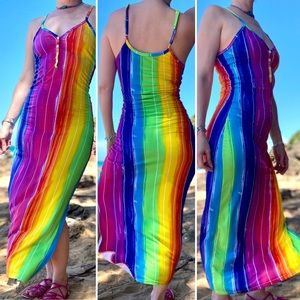 LAST ONE Rainbow Spandex Neon Multicolor Midaxi Dress Stretchy Bodycon
